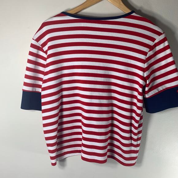 Nautical Red Striped Breckenridge V Neck T Shirt Navy Blue Trim Patches MEDIUM - Picture 8 of 11